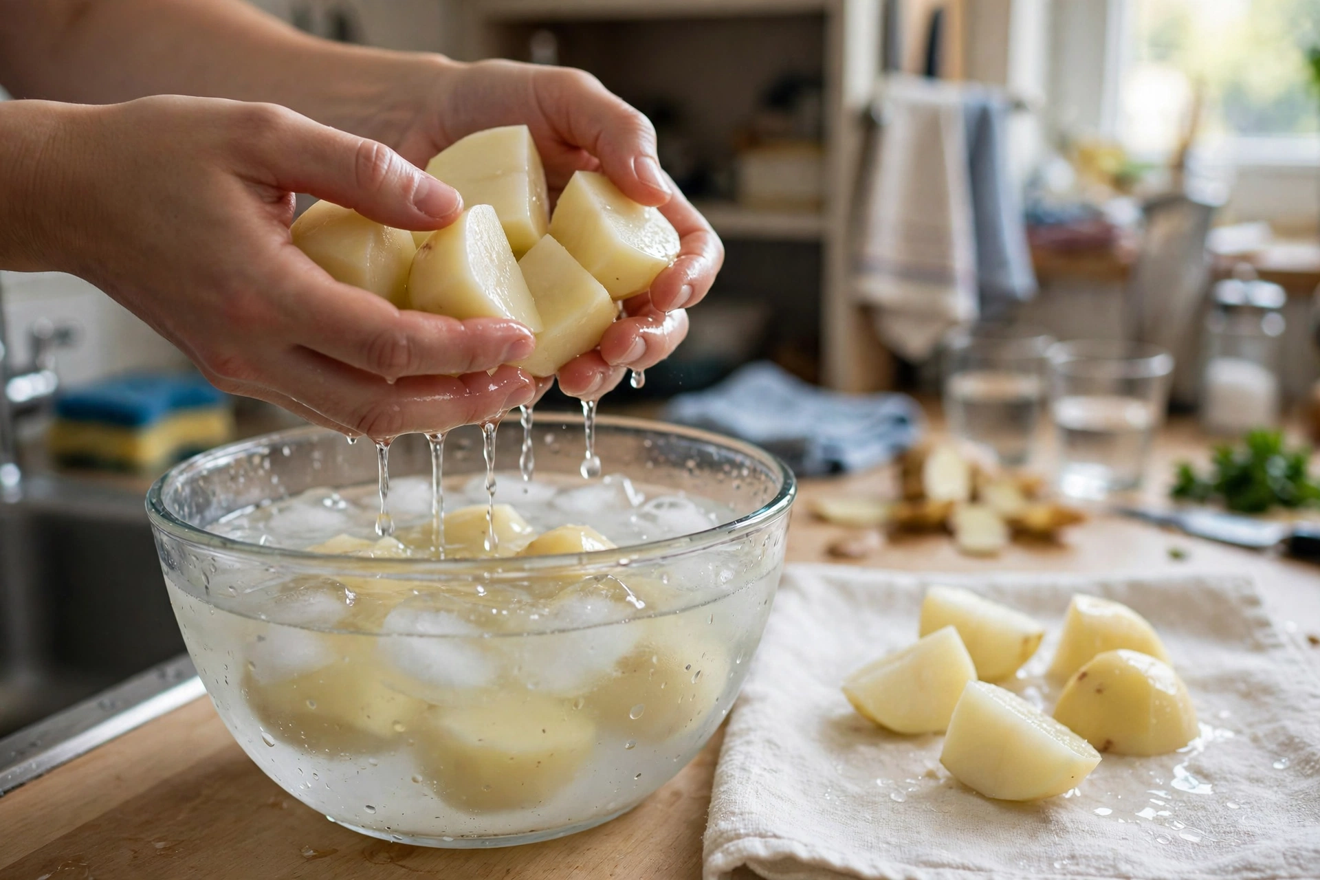 Hands lifting blanched potato chunks from a bowl of ice water onto a clean towel in a home kitchen