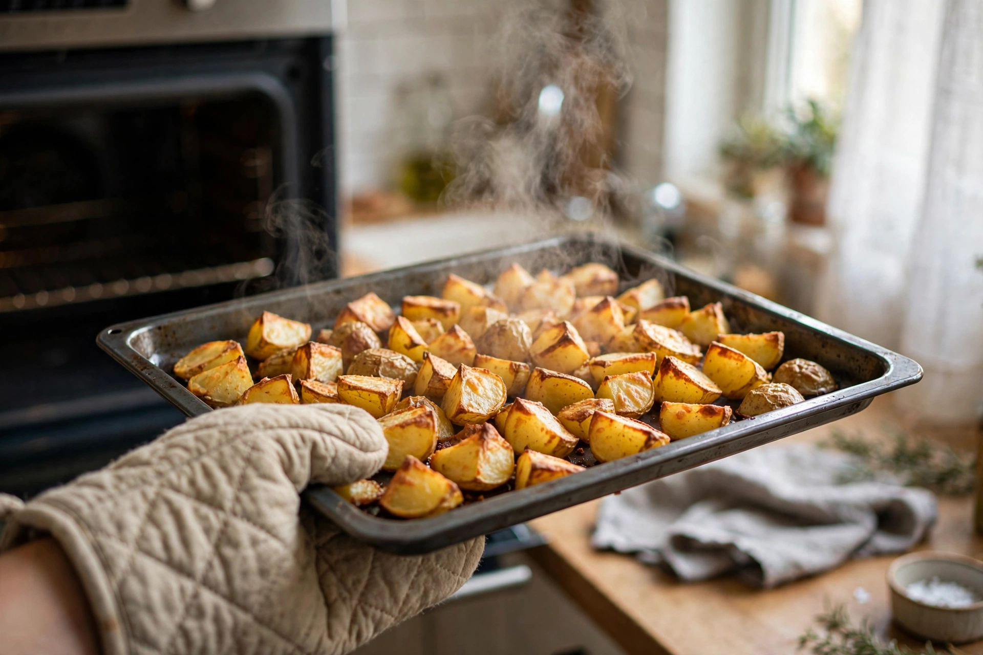 A tray of golden roasted potato chunks being taken out of an oven with an oven mitt in a home kitchen