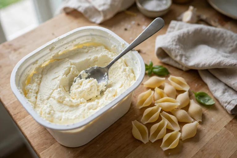 An open tub of ricotta with a spoon in it beside pasta shells on a kitchen counter