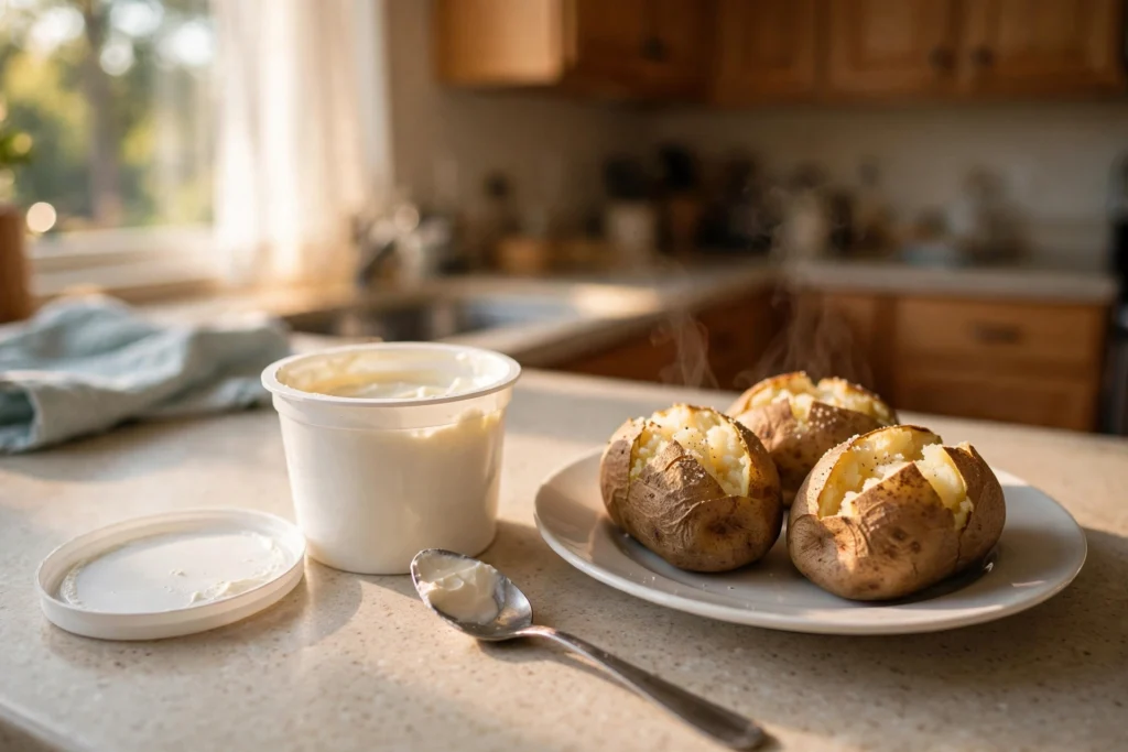 An open tub of sour cream with a spoon next to baked potatoes on a plate in a home kitchen
