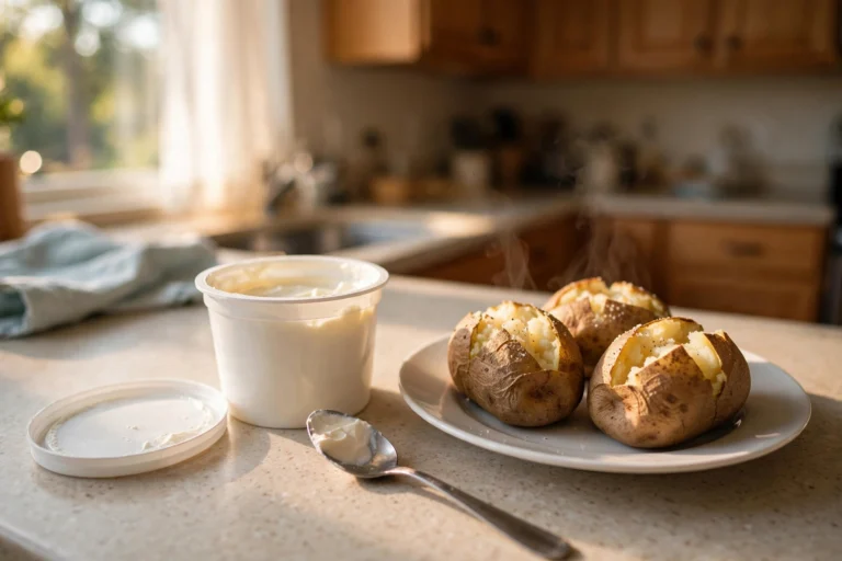 An open tub of sour cream with a spoon next to baked potatoes on a plate in a home kitchen