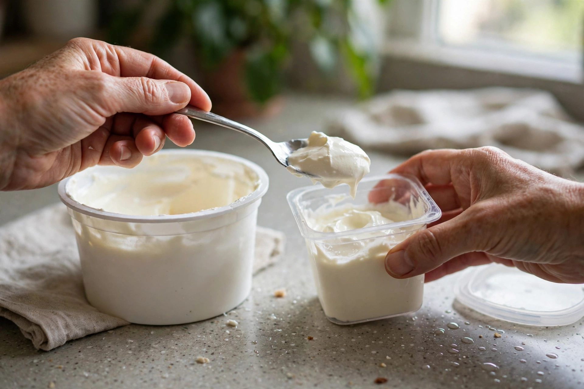 Hands spooning sour cream from a tub into a small freezer container on a kitchen counter