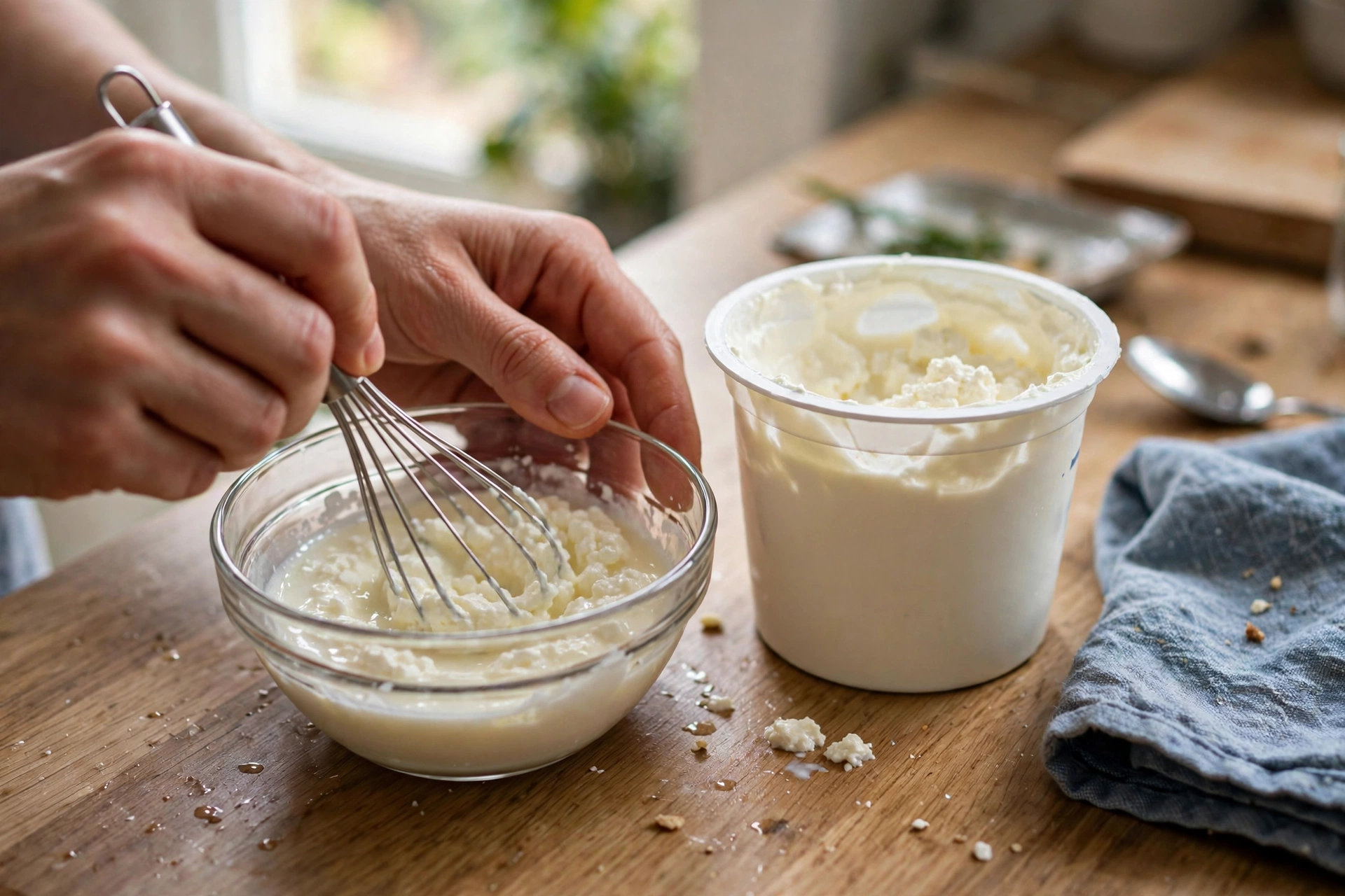 Hands whisking thawed sour cream in a small glass bowl next to an open tub on a kitchen counter