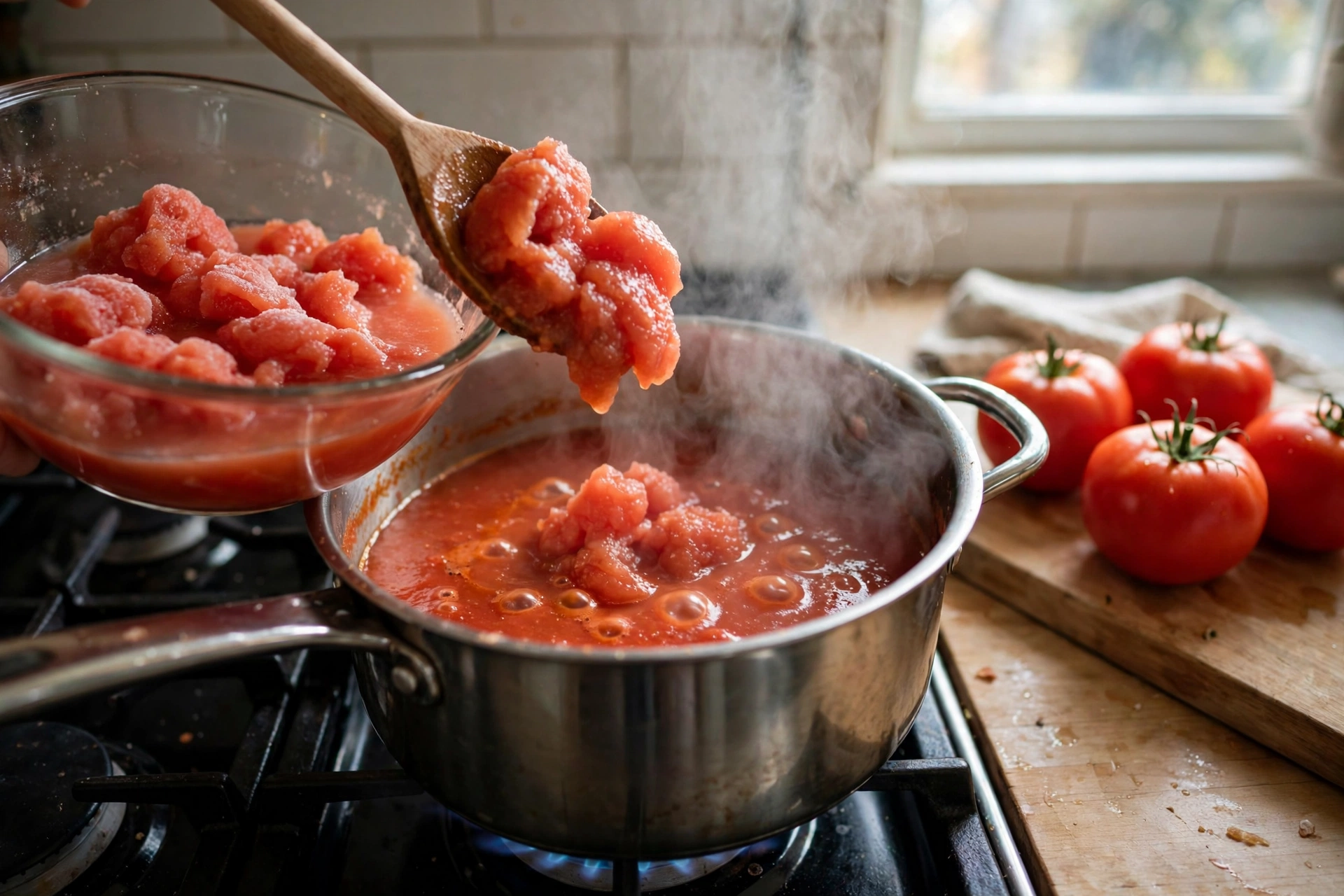 Thawed tomatoes being spooned from a glass bowl into a pot of simmering tomato sauce on a stove