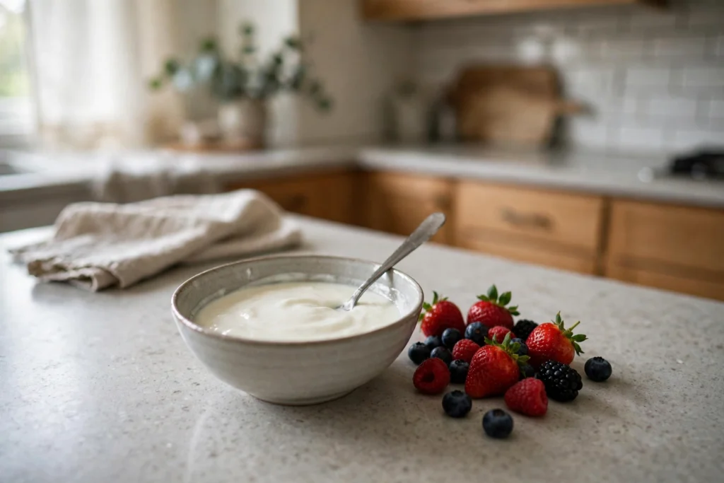 A bowl of plain yogurt with a spoon and fresh berries on a kitchen counter in natural light