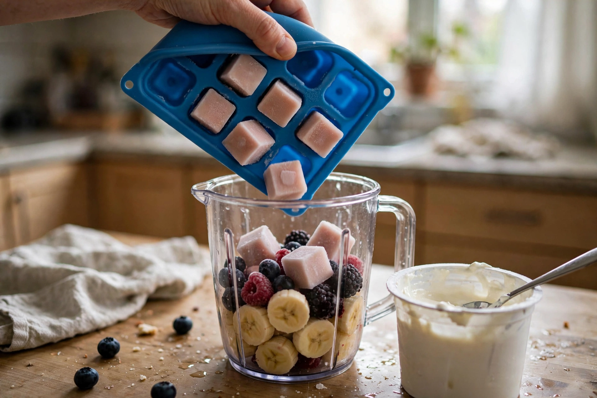 Frozen yogurt cubes dropping from a silicone tray into a blender with banana slices and berries