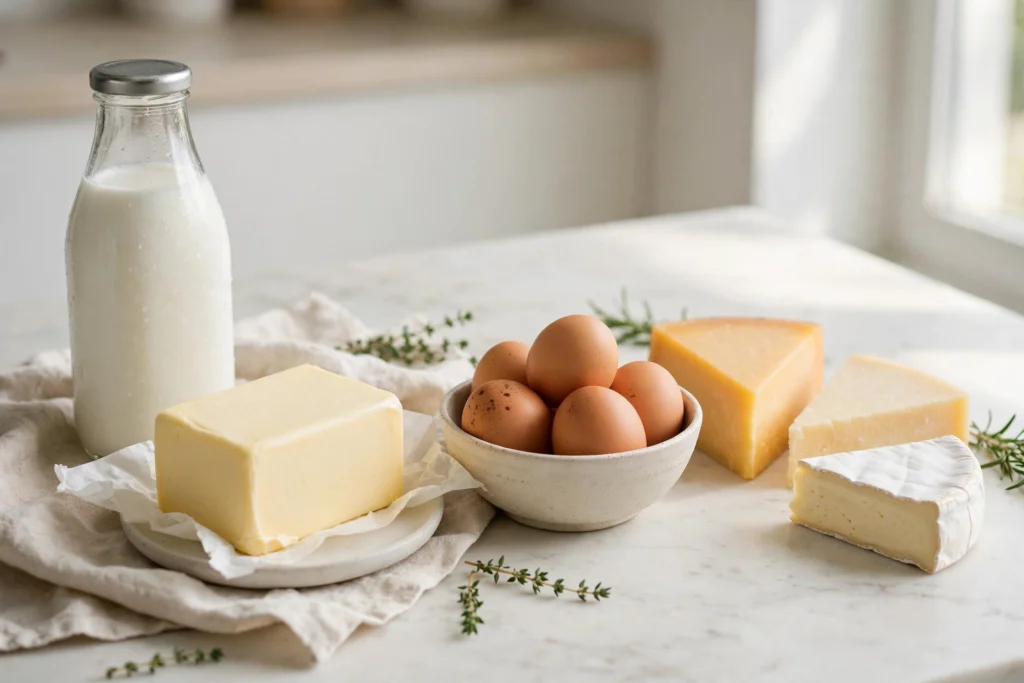 Dairy products and eggs on a table