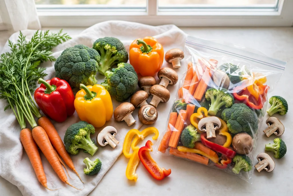 Fresh vegetables ready for freezing